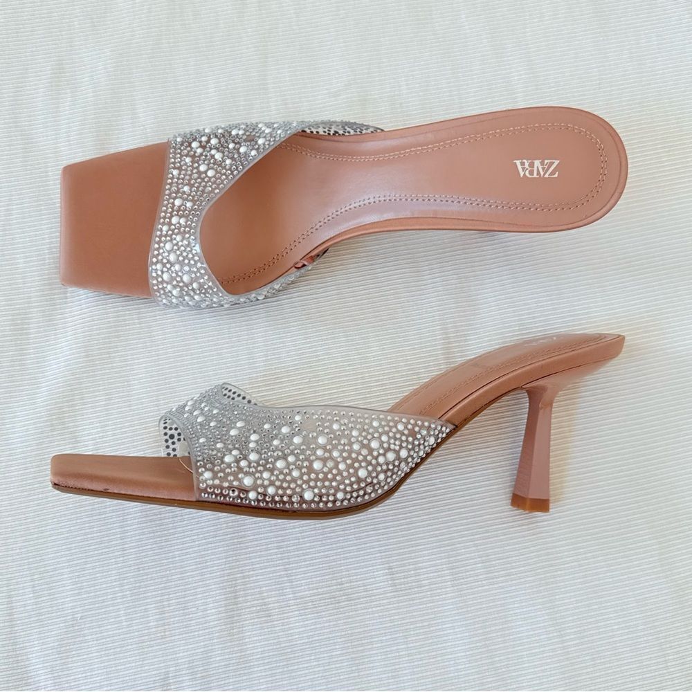 Zara Womens Sandals Heels Slip On Sparkly Party Prom Wedding Shoes Size 9